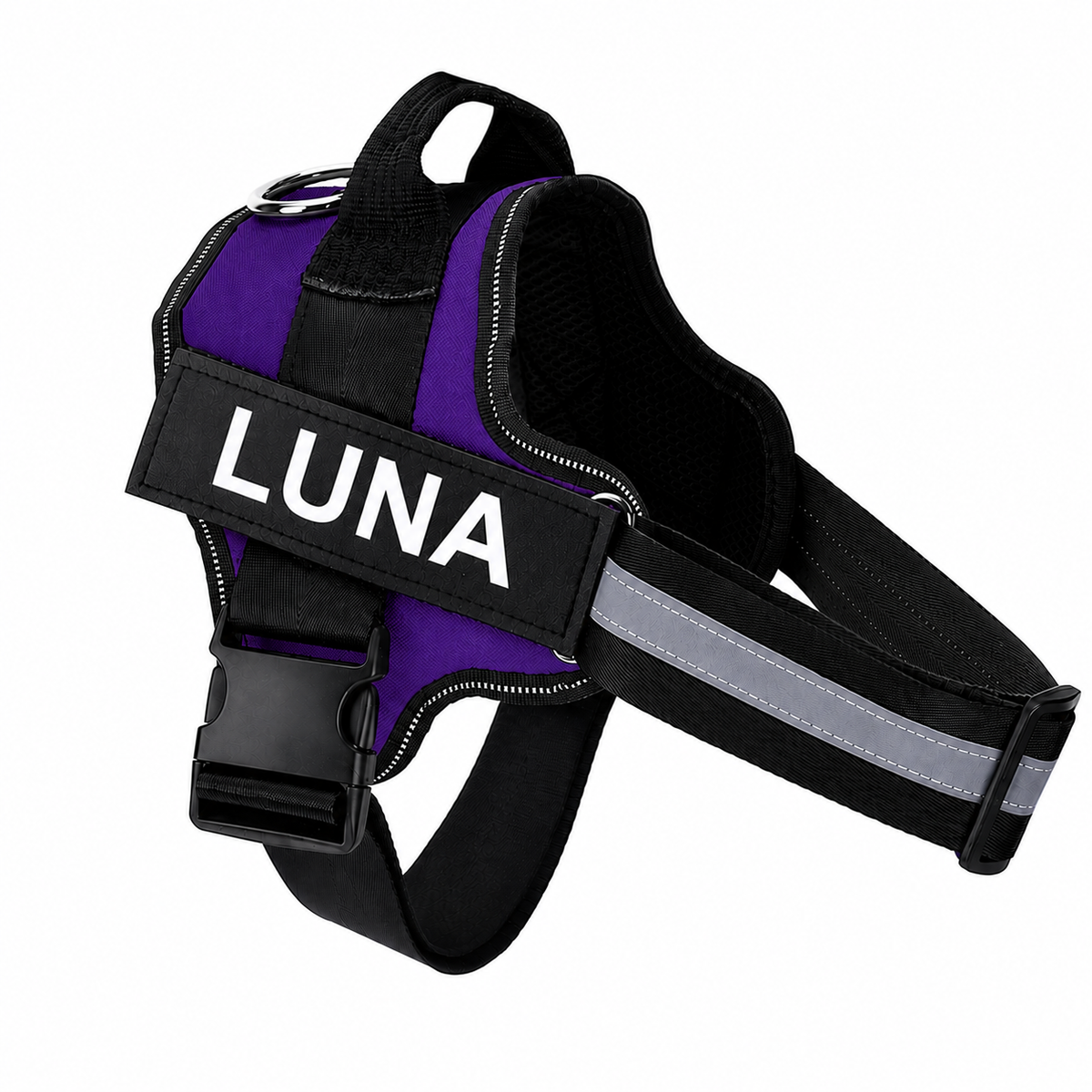 Harnais personnalisé pour chien violet, nom brodé, bande réfléchissante