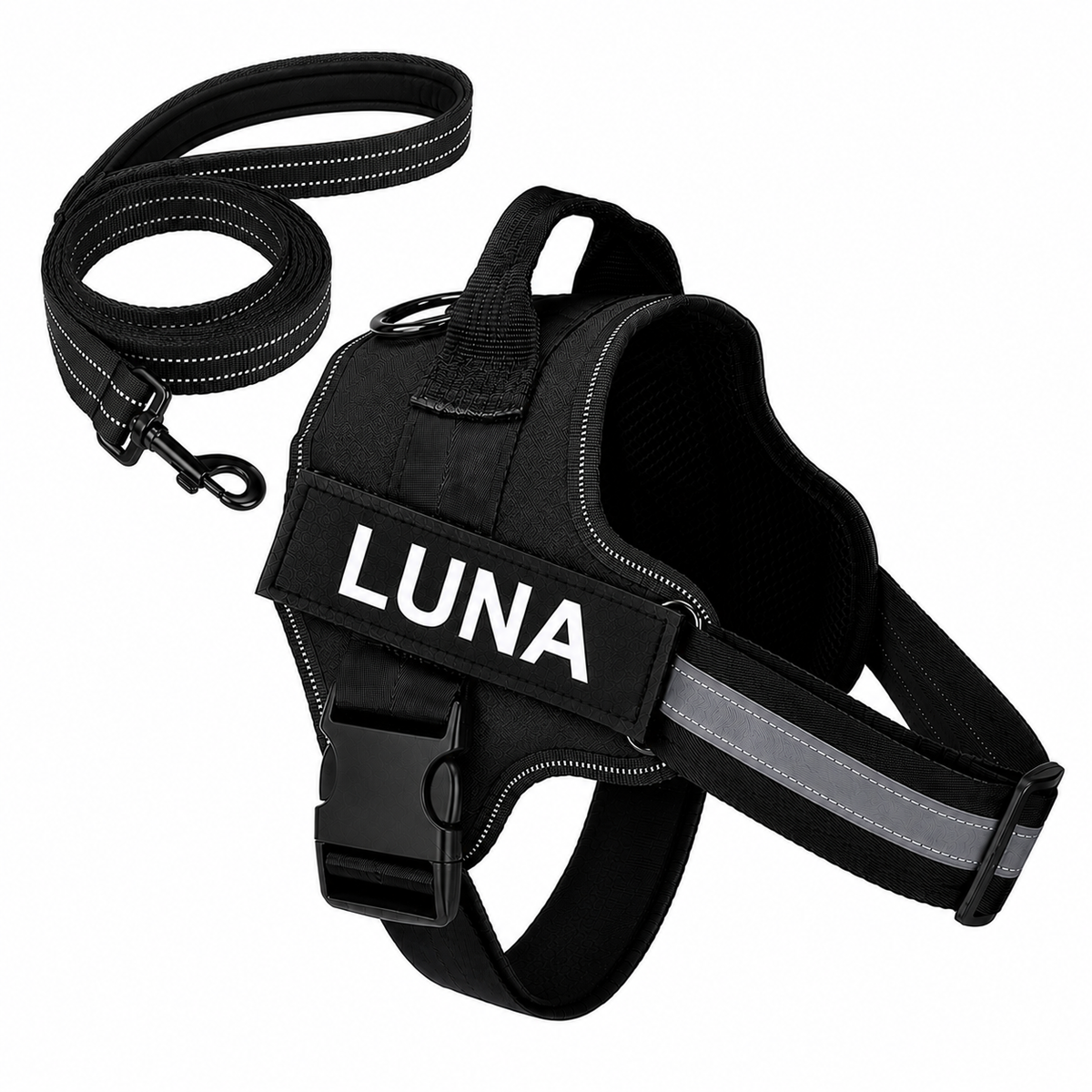 Set harnais et laisse assortie noir, nom brodé LUNA, bandes réfléchissantes